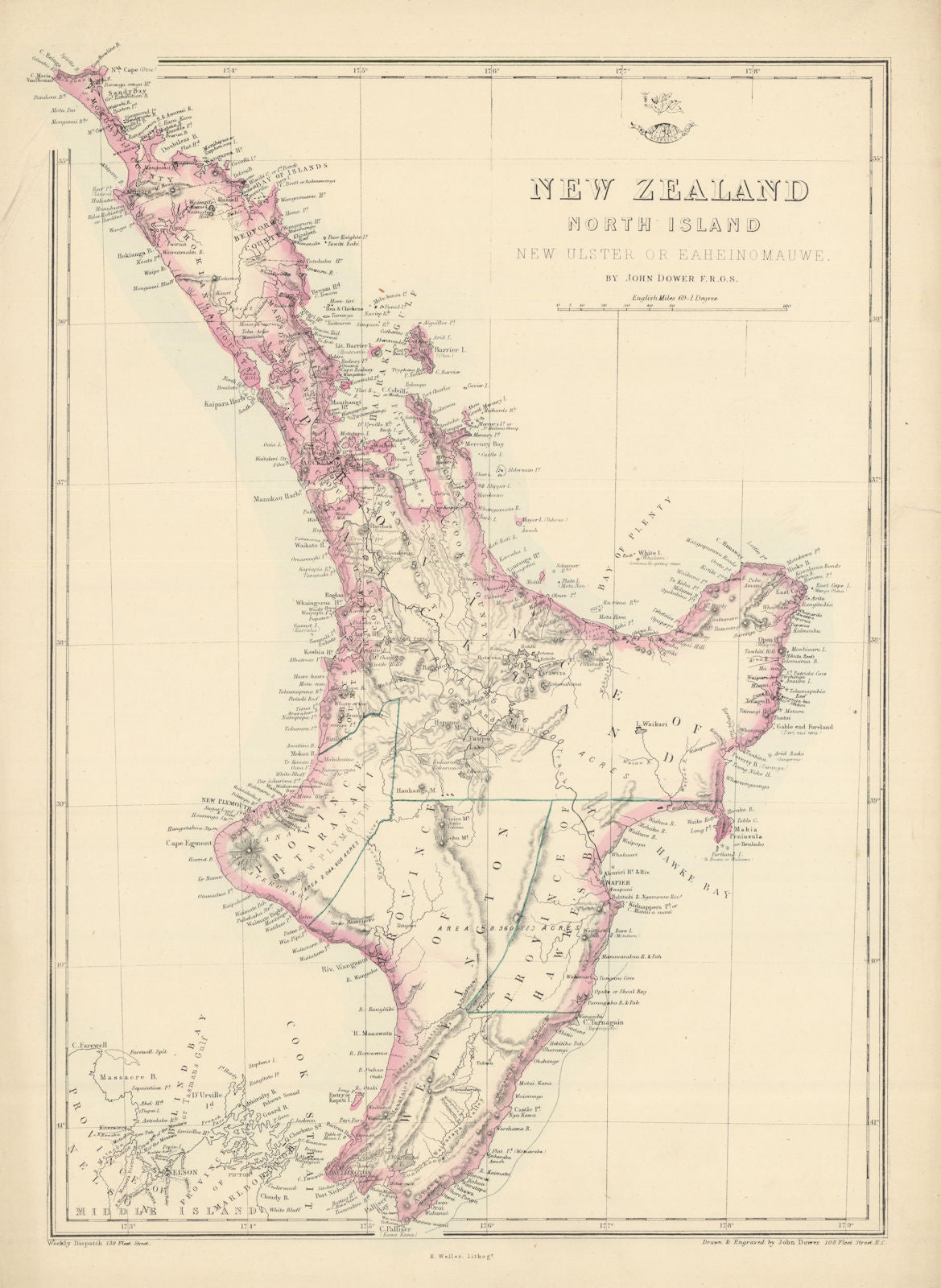 'New Zealand North Island. New Ulster or Eaheinomauwe' provinces DOWER 1863 map